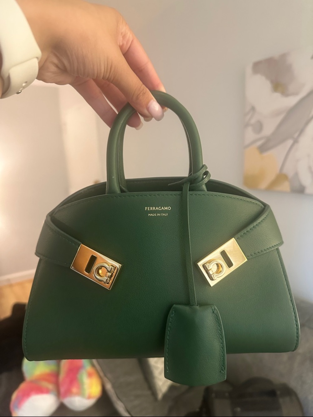 Salvatore Ferragamo Hug Handbag (XS) in Forest Green Leather with Gold Hardware